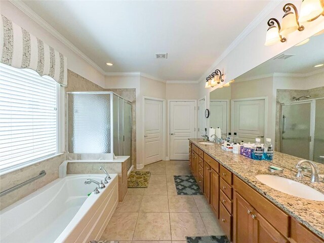 6416 Hickory Springs Cir, Hoschton, GA 30548 - bathroom featuring a stall shower, a bath, double vanity, tile patterned flooring, and ornamental molding