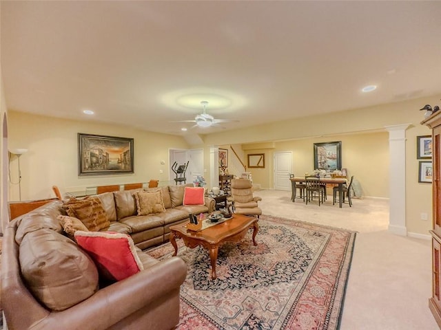 6416 Hickory Springs Cir, Hoschton, GA 30548 - living area with carpet floors, ceiling fan, decorative columns, stairs, and recessed lighting