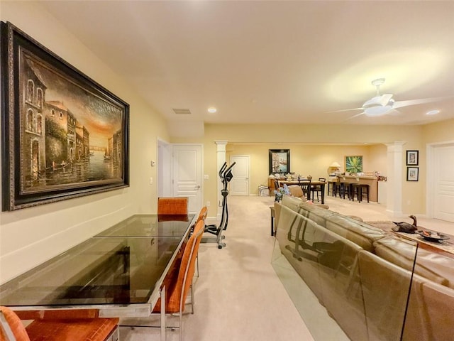 6416 Hickory Springs Cir, Hoschton, GA 30548 - living room featuring ornate columns, light colored carpet, a ceiling fan, and recessed lighting