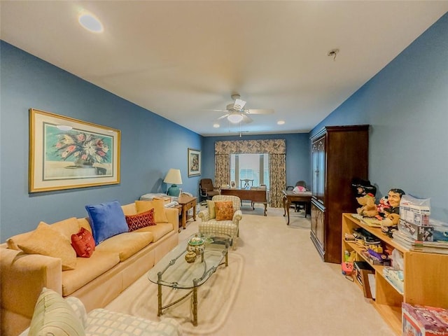 6416 Hickory Springs Cir, Hoschton, GA 30548 - living room featuring light carpet, ceiling fan, and recessed lighting