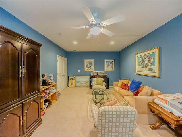 6416 Hickory Springs Cir, Hoschton, GA 30548 - living area with light carpet, ceiling fan, and recessed lighting