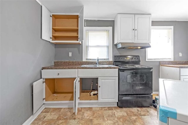 kitchen featuring sink, a healthy amount of sunlight, white cabinets, and black range with electric cooktop