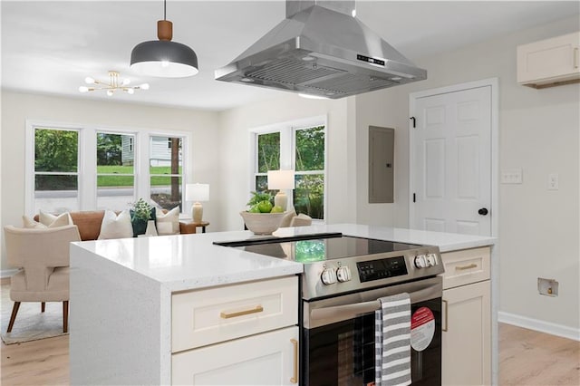 kitchen with white cabinets, electric range, ventilation hood, and electric panel