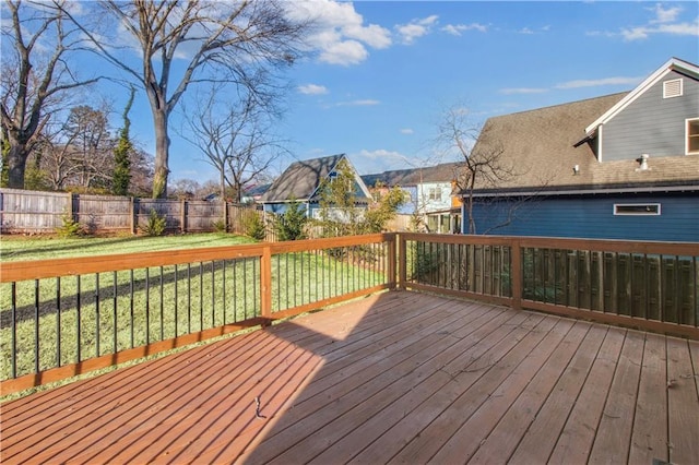 deck with a fenced backyard and a yard