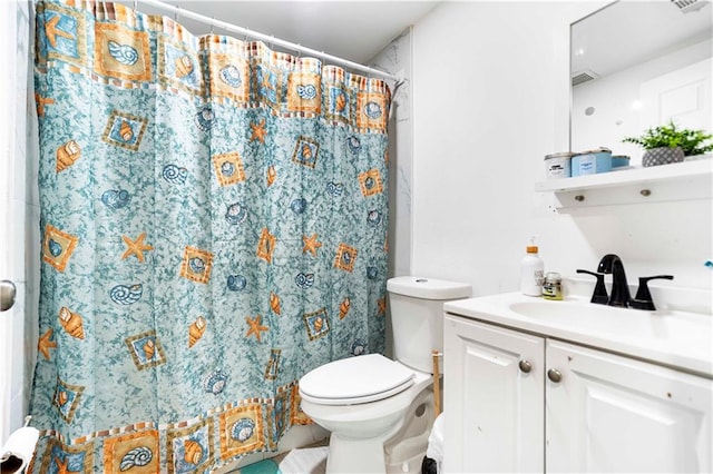 full bath with a shower with curtain, toilet, visible vents, and vanity