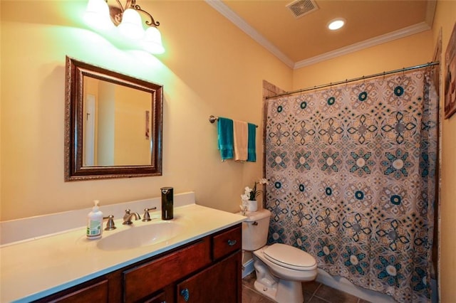 3423 Mulberry Lane Ct, Dacula, GA 30019 - full bathroom with vanity, ornamental molding, tile patterned flooring, curtained shower, and recessed lighting