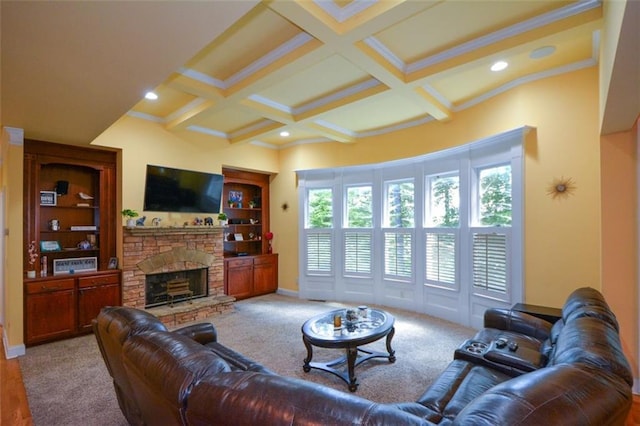 3423 Mulberry Lane Ct, Dacula, GA 30019 - living area with beam ceiling, a stone fireplace, coffered ceiling, ornamental molding, and recessed lighting