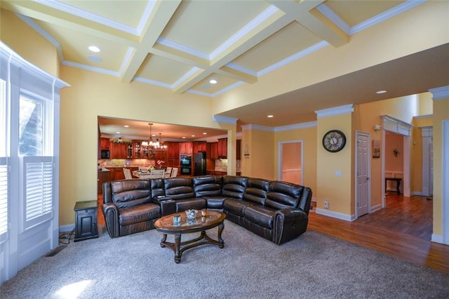 3423 Mulberry Lane Ct, Dacula, GA 30019 - living room featuring beam ceiling, a chandelier, ornamental molding, coffered ceiling, and carpet floors