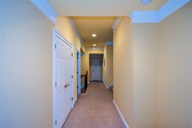 3423 Mulberry Lane Ct, Dacula, GA 30019 - hallway with crown molding, light colored carpet, recessed lighting, and an upstairs landing