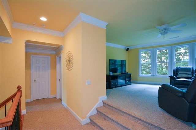 3423 Mulberry Lane Ct, Dacula, GA 30019 - living area featuring crown molding, carpet, ceiling fan, recessed lighting, and attic access