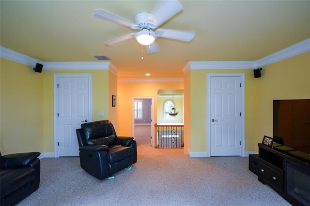 3423 Mulberry Lane Ct, Dacula, GA 30019 - living room with ornamental molding, ceiling fan, and carpet