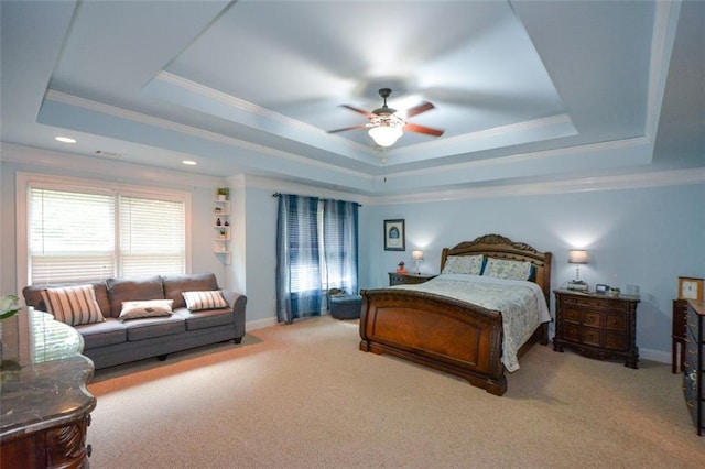 3423 Mulberry Lane Ct, Dacula, GA 30019 - bedroom with a tray ceiling, light colored carpet, ornamental molding, and ceiling fan