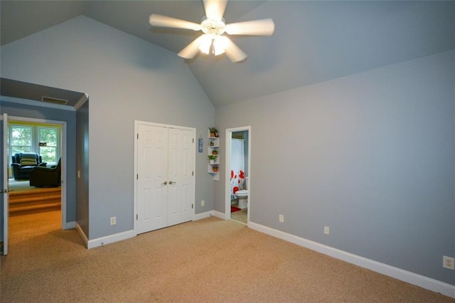 3423 Mulberry Lane Ct, Dacula, GA 30019 - unfurnished bedroom with carpet, high vaulted ceiling, a closet, a ceiling fan, and ensuite bath