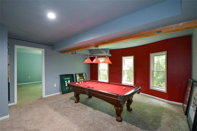 3423 Mulberry Lane Ct, Dacula, GA 30019 - recreation room with carpet floors, billiards table, healthy amount of natural light, beamed ceiling, and recessed lighting