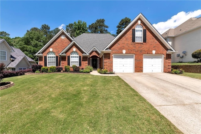 traditional-style home with brick siding, concrete driveway, a front lawn, and an attached garage