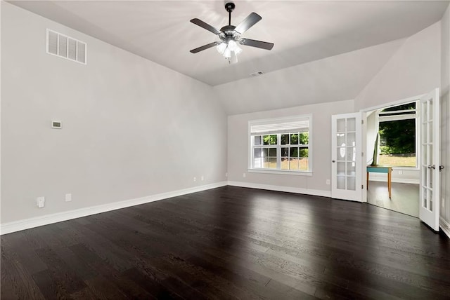 spare room with french doors, dark wood-style flooring, baseboards, a ceiling fan, and lofted ceiling