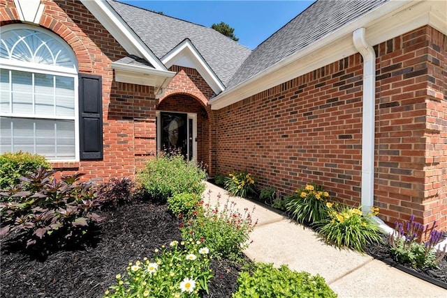 entrance to property with brick siding and a shingled roof