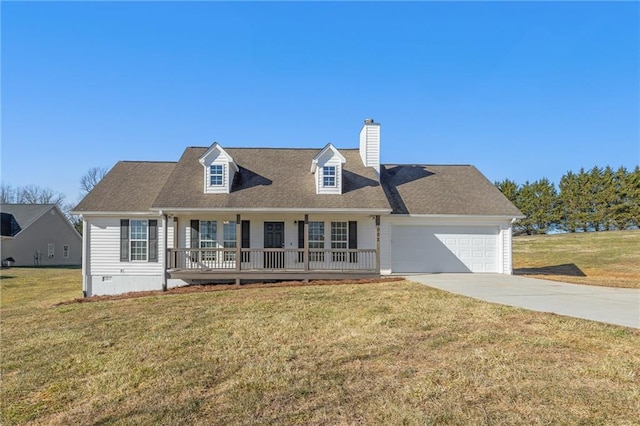 cape cod house with a garage, a front lawn, and a porch