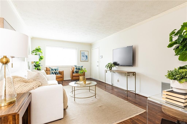 living room with crown molding, hardwood / wood-style flooring, and a textured ceiling