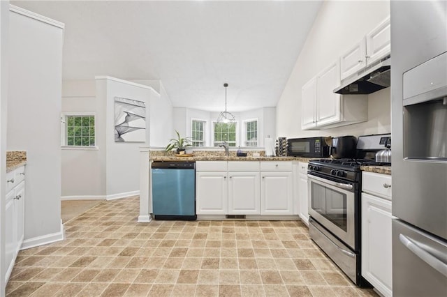 kitchen featuring under cabinet range hood, appliances with stainless steel finishes, a peninsula, and white cabinetry