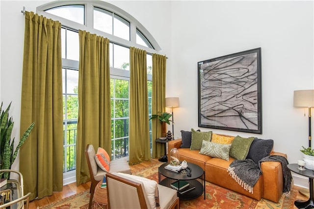 living area with a high ceiling and wood finished floors