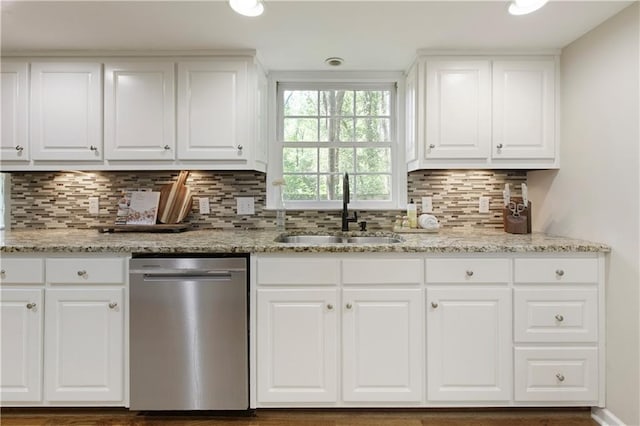 3719 Northbrook Ct, Atlanta, GA 30340 - kitchen featuring dishwasher, a sink, white cabinets, and decorative backsplash
