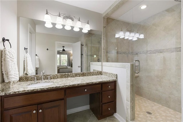 3719 Northbrook Ct, Atlanta, GA 30340 - bathroom featuring vanity, a shower stall, tile patterned floors, a ceiling fan, and connected bathroom