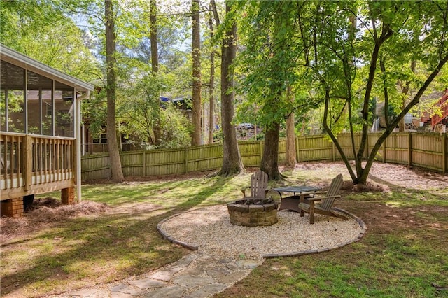 3719 Northbrook Ct, Atlanta, GA 30340 - fenced backyard with an outdoor fire pit and a sunroom