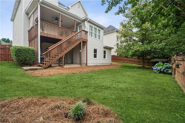 130 White Sands Ct, Suwanee, GA 30024 - rear view of house with a ceiling fan, a fenced backyard, stairs, and a wooden deck
