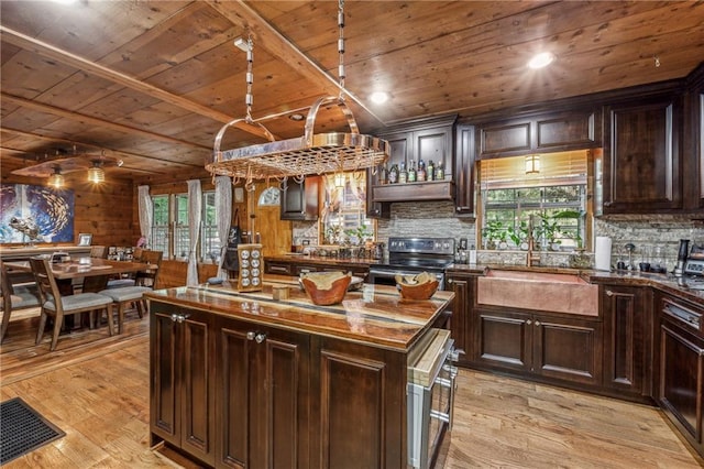 kitchen featuring light wood finished floors, a kitchen island, wood ceiling, and stainless steel range with electric cooktop