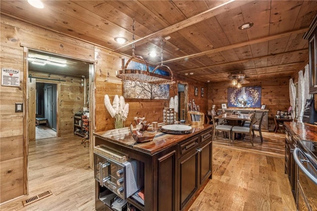 kitchen with light wood-style floors, wooden ceiling, visible vents, and wooden walls