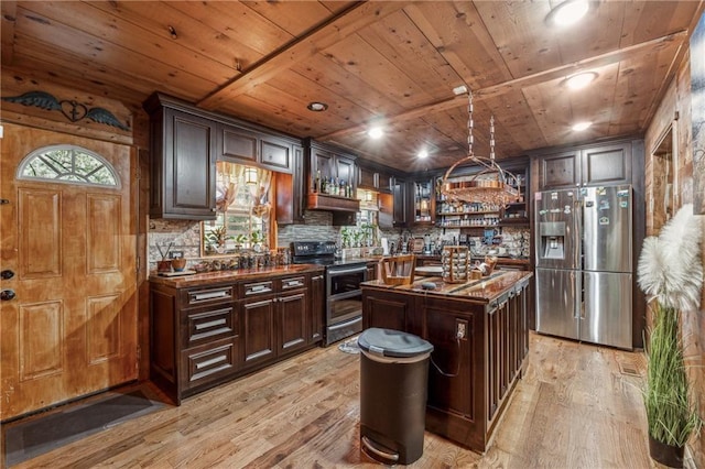 kitchen featuring stainless steel appliances, dark countertops, wooden ceiling, and light wood-type flooring