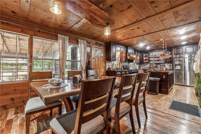 dining area featuring light wood finished floors, wood ceiling, and wooden walls