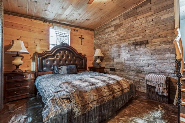 bedroom featuring wood walls and wooden ceiling