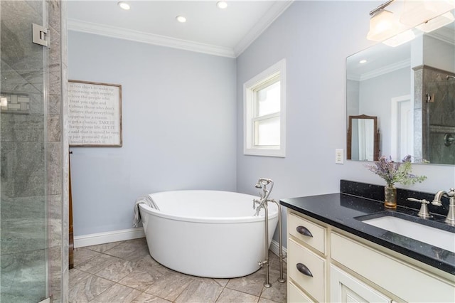 bathroom with ornamental molding, shower with separate bathtub, and vanity