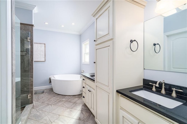 bathroom featuring vanity, crown molding, and plus walk in shower