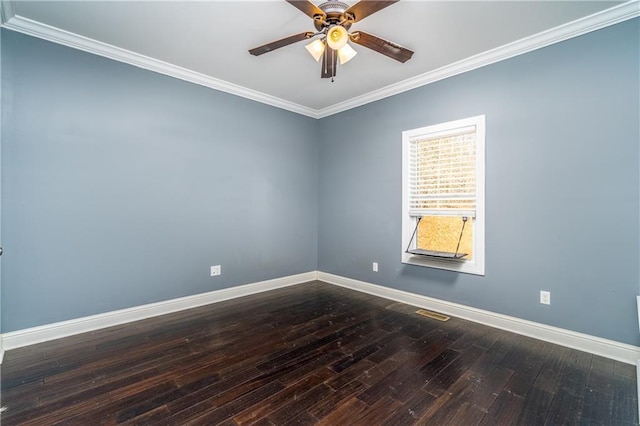 unfurnished room featuring dark wood-type flooring, ornamental molding, and ceiling fan