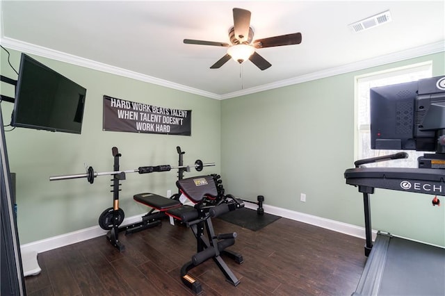 exercise area featuring crown molding, dark wood-type flooring, and ceiling fan