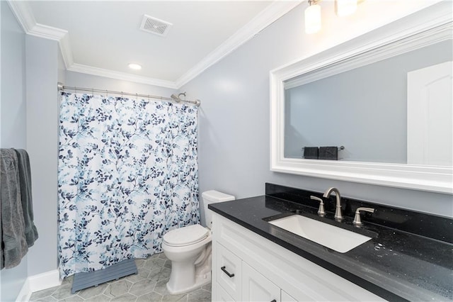 bathroom featuring walk in shower, toilet, ornamental molding, vanity, and tile patterned flooring