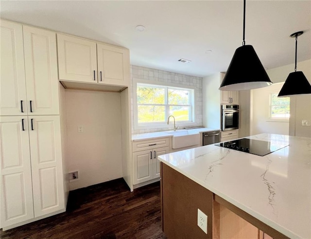 kitchen with light stone counters, decorative light fixtures, plenty of natural light, dark hardwood / wood-style flooring, and stainless steel appliances