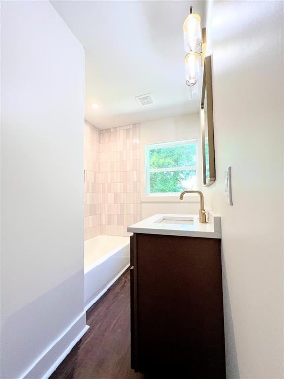 bathroom with vanity and wood-type flooring