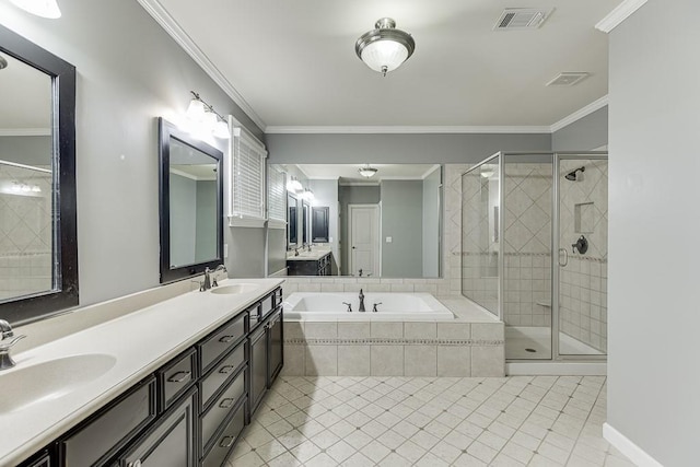 bathroom with a sink, visible vents, and crown molding