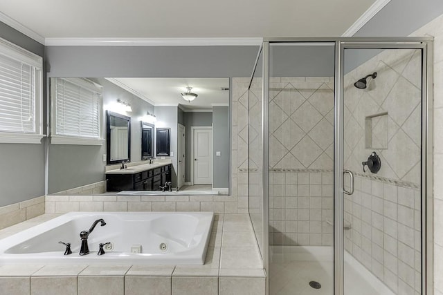 full bathroom featuring ornamental molding, a stall shower, vanity, and a whirlpool tub