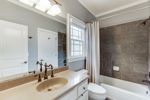 bathroom featuring vanity, toilet, shower / tub combo, and ornamental molding