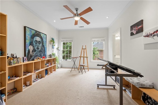 rec room featuring crown molding, carpet, ceiling fan, recessed lighting, and baseboards