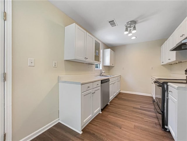 89 Elsberry Rd, Dallas, GA 30157 - kitchen featuring electric stove, dishwasher, a sink, baseboards, and dark wood-style flooring