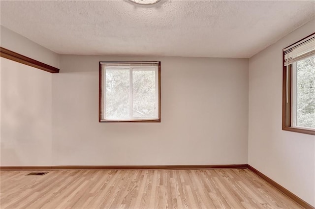 spare room with light hardwood / wood-style floors, plenty of natural light, and a textured ceiling