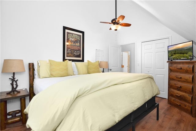 bedroom featuring ceiling fan, high vaulted ceiling, a closet, and dark hardwood / wood-style floors