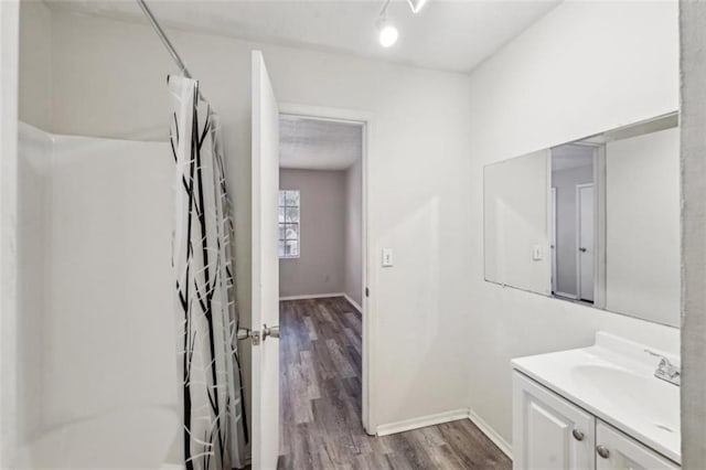 703 Pine Tree Trl, Atlanta, GA 30349 - bathroom featuring vanity, hardwood / wood-style floors, and walk in shower