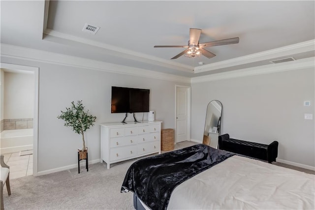 6410 Crosscreek Ln, Flowery Branch, GA 30542 - bedroom featuring a raised ceiling, light colored carpet, crown molding, a ceiling fan, and ensuite bathroom